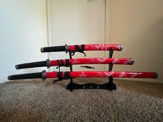 3-piece decorative red dragon sword set with display stand