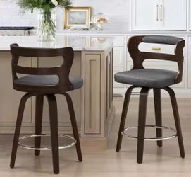 Gray Solid Wood Swivel Bar Stool Faux Leather 26 inch Barstools