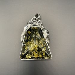 Trapezoid Resin Pendant Gold Colored Flakes Silver Tone Frame Boho Artisan 