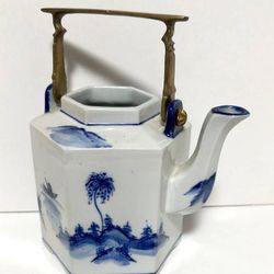 Vintage Blue And White Porcelain Hexagonal Teapot With Ornate Brass Handle