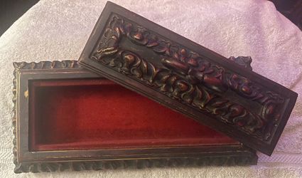 Vintage Carved Wooden Rectangular Trinket Box w/ Lid, Red velvet Interior, 15’
