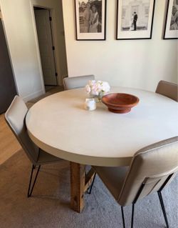 Full Dining Set - Beautiful round white stone dining table with 4 cream chairs
