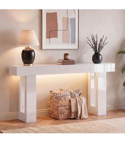 Brand New High Gloss 63-Inch Long Console Table, Entryway Table with LED Light, Modern Sofa Table Behind The Couch for Living Room, Hallway, White