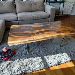 Live Edge Monkey Wood Solid Slab Coffee Table On The Glass Legs 