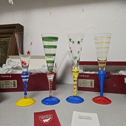 Orrefors Sweden “Clown” Champagne Flutes by Anne Nilsson – Set of 4 – Rare & Colorful Handblown Crystal Glasses