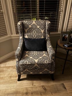 Wingback Accent Chair Navy Damask Pattern
