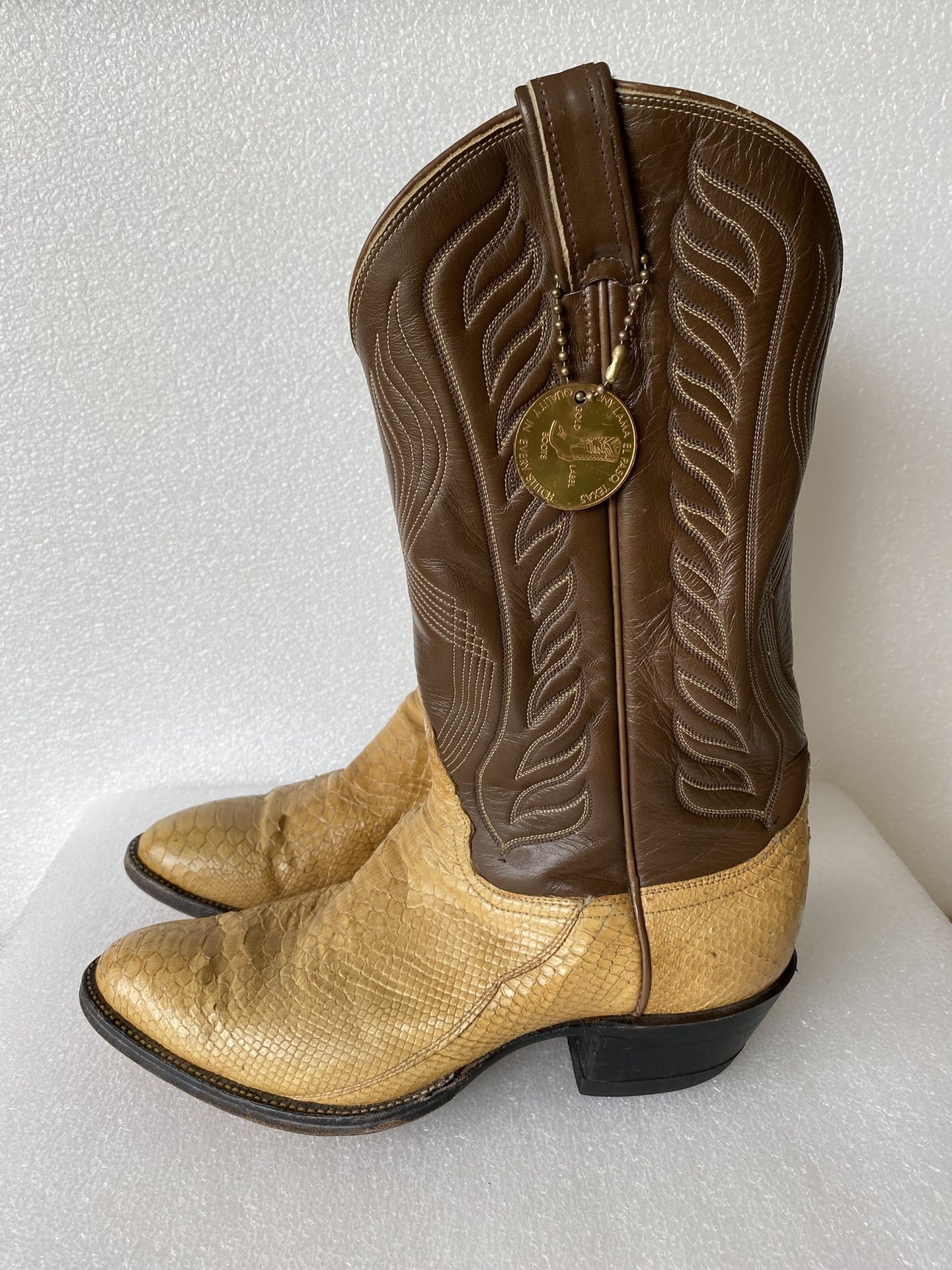 Vintage TONY LAMA Gold Label Snakeskin Brown Cowboy Boots Size 9 D Made in USA