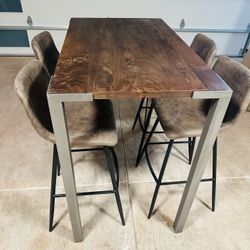 CB2 Stilt High Counter Table + Set of Brown/ Gray Bar Stools