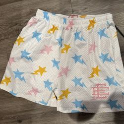 Bape X Eric Emanuel Xl Mesh White Shorts With Colorful Iconic Logos 