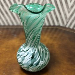 Vintage green and white blown glass vase with ruffled edge