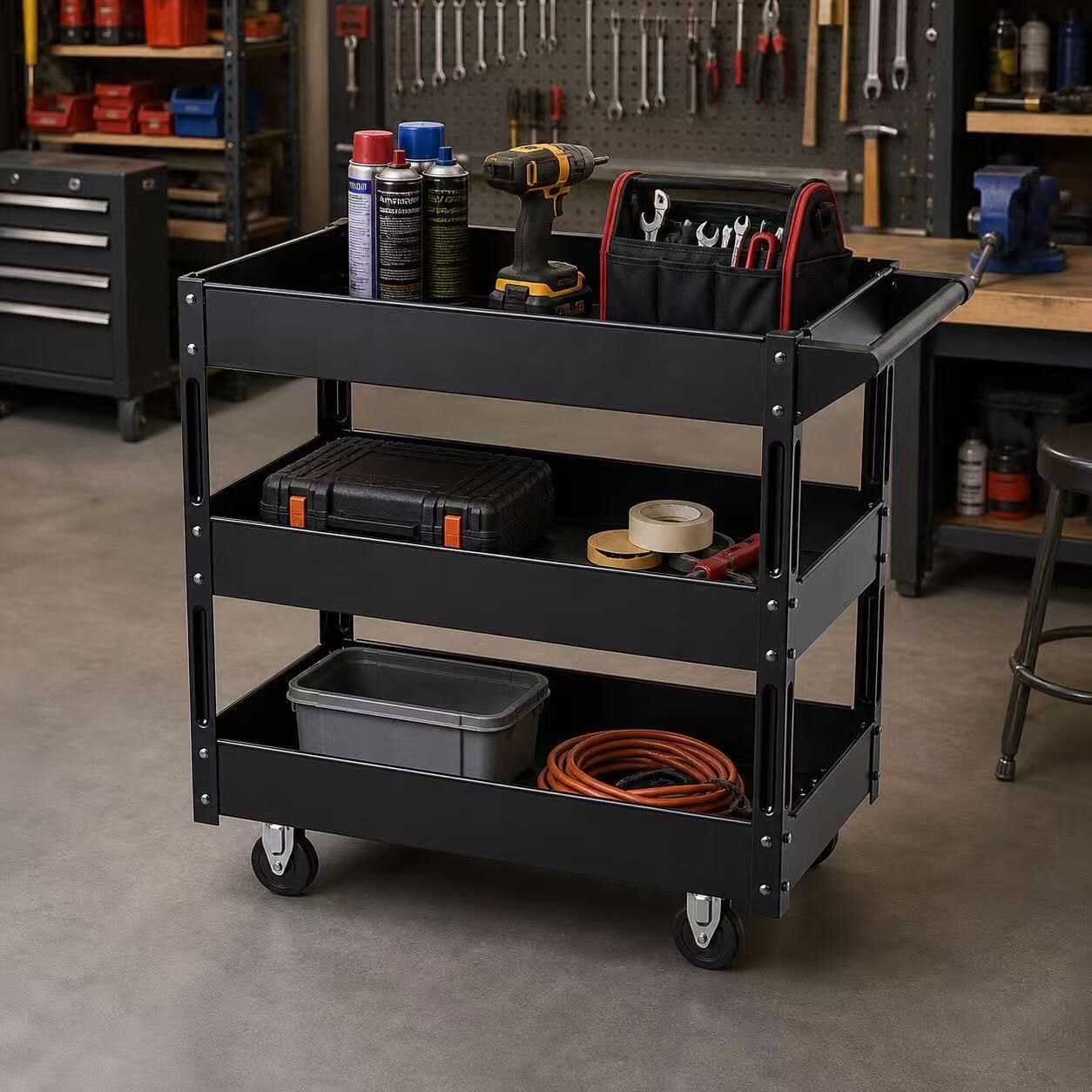 New In Box 30x16x31 Inch Tall 3 Tier Multipurpose Utility Tool Storage Rolling Cart For Garage Warehouse Cleaning Mechanic Shop