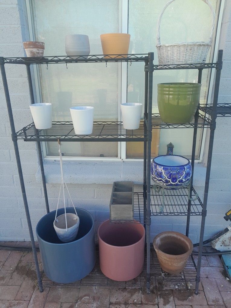 12 Ceramic Planters W/ Pottery Shelving.