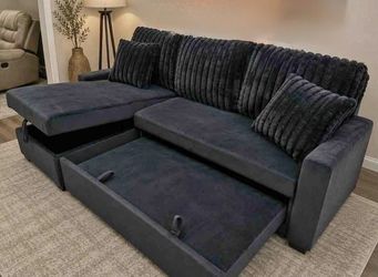 NEW IN BOX-  Small Black Pull-Out Bed Storage Chaise Sectional FINANCE available $39 down ✅