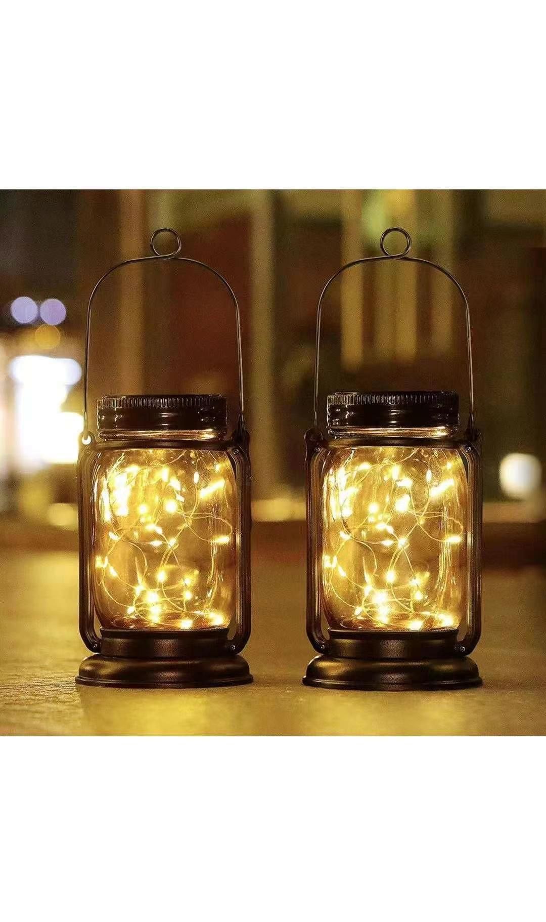 Solar Lights Outdoor Decorative, 2 Pack Hanging Solar Garden Lantern Mason Jar Lights with 30 Led String Lights, Retro Design for Patio Yard Balcony