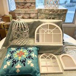 Beautiful set of home decor three nesting boxes, two birdcages one pillow, two mirrors, and one picture picture frame