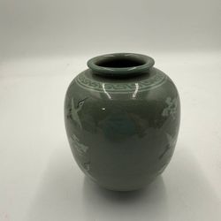 Korean Celadon Glazed Vase Crackle Finish Crane & Cloud Motif Signed Base 