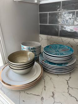 Gold and Floral Bowls and Plates Set