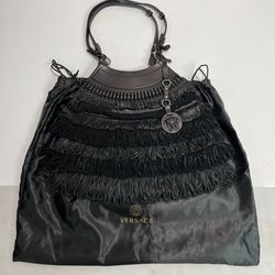 Versace ~ Large Black Leather & Suede Fringed Handbag Shoulder Bag w/ Dust Bag