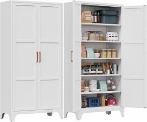 2589a $120 75"H Metal Pantry Cabinet with 2 Doors and 5 Adjustable Shelves,Food Storage Cabinet with Gold Handle for Kitchen,Dinning Room,Home Office