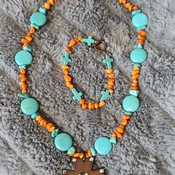Custom Made Turquoise & Coral Necklace and Bracelet Set