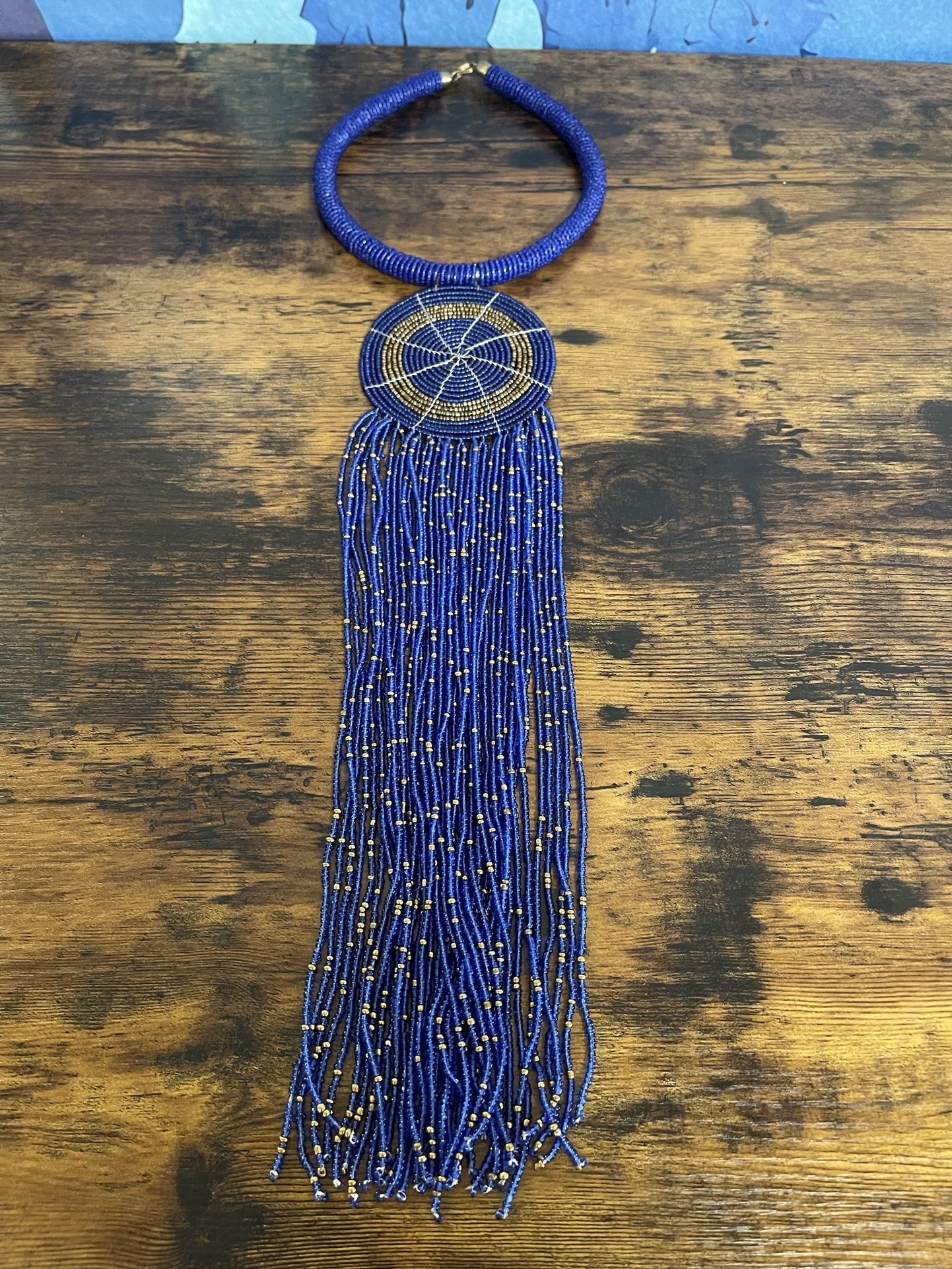 Handmade East African Blue and Gold Beaded Necklace Choker with Large Flowing Pendant Kenya