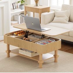 Fluted Coffee Table, Lift Top Coffee Table with Hidden Compartments & Storage Shelf, Mid Century Mod