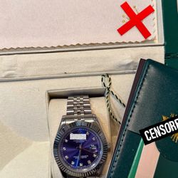 Luxury Silver Blue Face Watch With Box