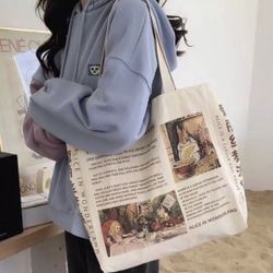 Alice and wonderland canvas tote bag womens cream shoulder bag print
