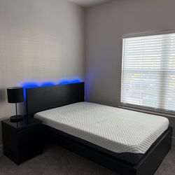 Dark Brown Wooden Full Size Bed Frame, Night Stand, And Mattress