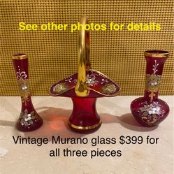 Murano Glass Vases, And Basket W/ 24k Gold