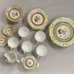 Vintage Famille Rose Wedding Jingdezhen Porcelain Teapot & Dish Set, 27 Pieces