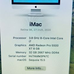 Apple iMac 27” Retina 5K 2020 3.8Ghz 8-Core i7 32GB RAM 500GB Radeon Pro 5500 XT 8GB Graphics