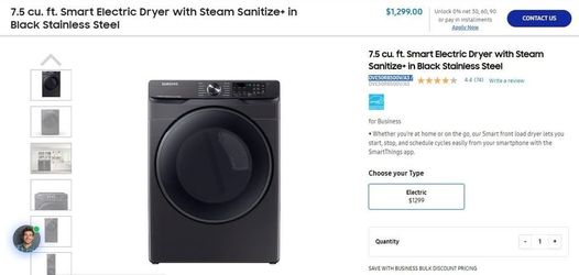 Samsung 7.5 cu. ft. Stackable Vented Electric Dryer, Sensor Dry (Brushed Black), Brand New