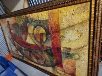 Large Textured Abstract Oil Painting Ornate Gold Frame Red Yellow Gold Wall Art