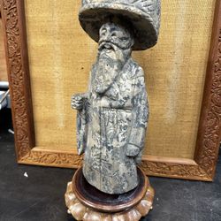 Vintage Chinese Concrete Statue Of Immortal God with Huanghuali Stand