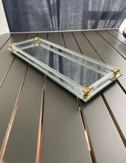 Vintage Retro Vanity Rectangle Mirror Tray Toledo Plate Lucite Handles 16 × 6