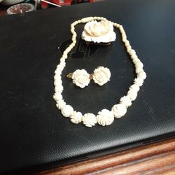 Bone Type Necklace, 17 Inches Long, With Earrings And Brooch,  Very Nice