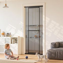 unipaws 74" High Extra Tall Cat Pet Gate with Doors Locks Narrow Bar Spacing, Pressure Mounted 6 to 8 Feet Tall Adjustable Full Door Pet Gate, Cat Doo