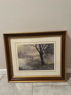 Vintage Double-Matted Framed Offset Lithograph Print of a landscape by Gary Ampel