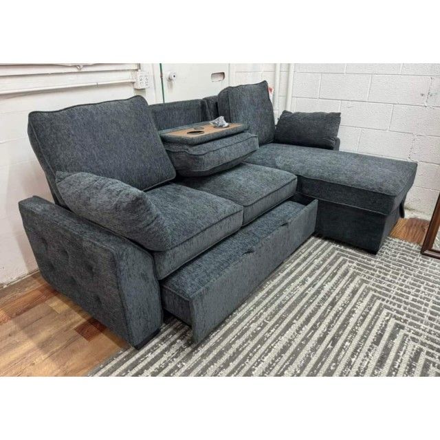 91"W Dark Gray Chenille Fabric Reversible Sleeper Sectional with Storage Chaise, Drop-Down Table, Cup Holders and Charging Ports