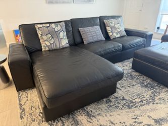 IKEA Kivik Black Leather Sofa With Chaise And Ottoman