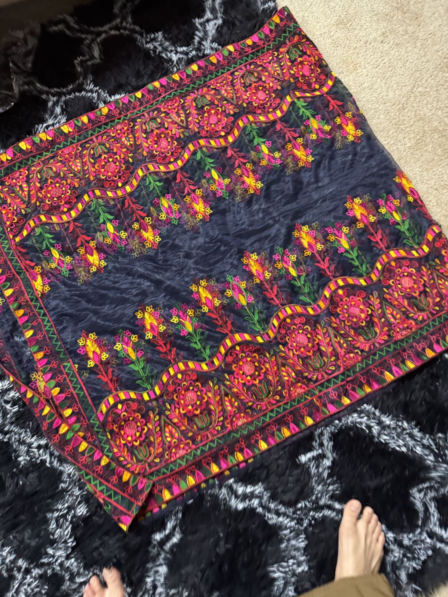 Darkest blue kashmiri embroidered net base shawl dupta very pretty