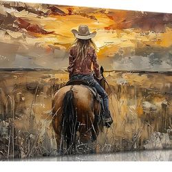 OCRXLYTH Western Cowgirl Riding Horse Canvas Wall Art Cowgirl Wall Decor Pictures Sunset Countryside Landscape Painting Print Vintage Artwork