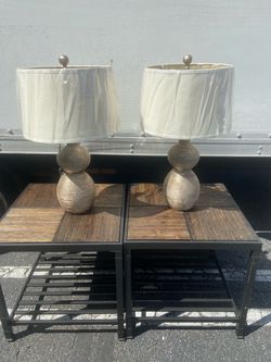 Pair of End Table Lamps with White Drum Shades
