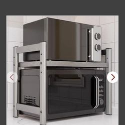 2 Tier Microwave Oven Rack Shelf Unit With 6 Hooks, Heavy Duty Stand Adjustable Thickened Stainless Steel Microwave Stand Shelf, For Kitchen Supplies 