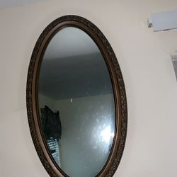 Brown Wood Oval Shaped Wall Mirror 