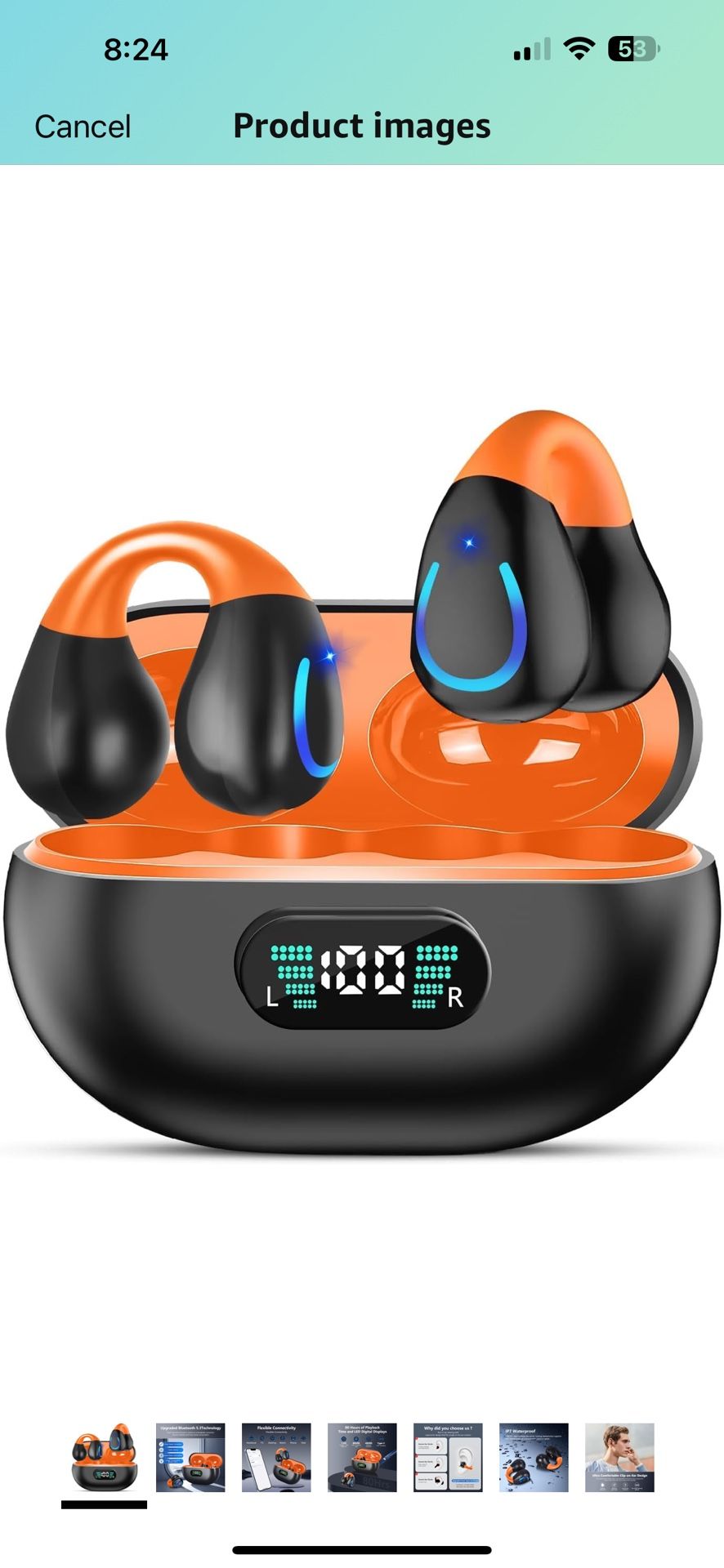 Clip On Earbuds Bluetooth 5.3 Wireless Earbuds Open Ear Bone Conduction Headphones Sport Earphones with LED Digital Display Charging Case Built-in Mic