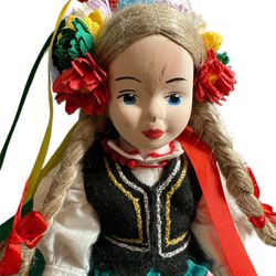 Vintage Porcelain Polish Doll 9” In Traditional Dress Handmade In Poland Ethnic Folk Art Dolls Flowers Girl With Braids Wedding Hand Painted very beau