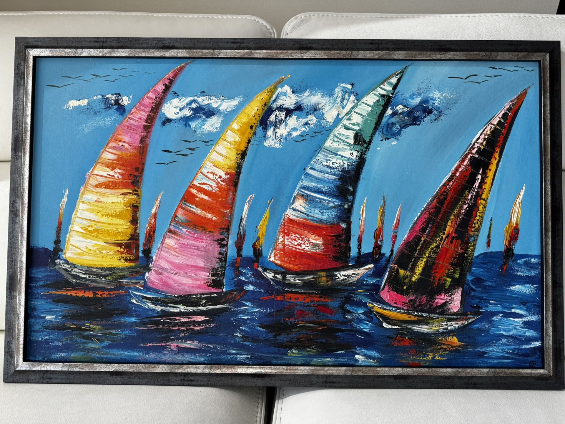 Puerto Vallarta Malecón Original – Signed Impasto Sailboats 41×26” Custom Silver Frame