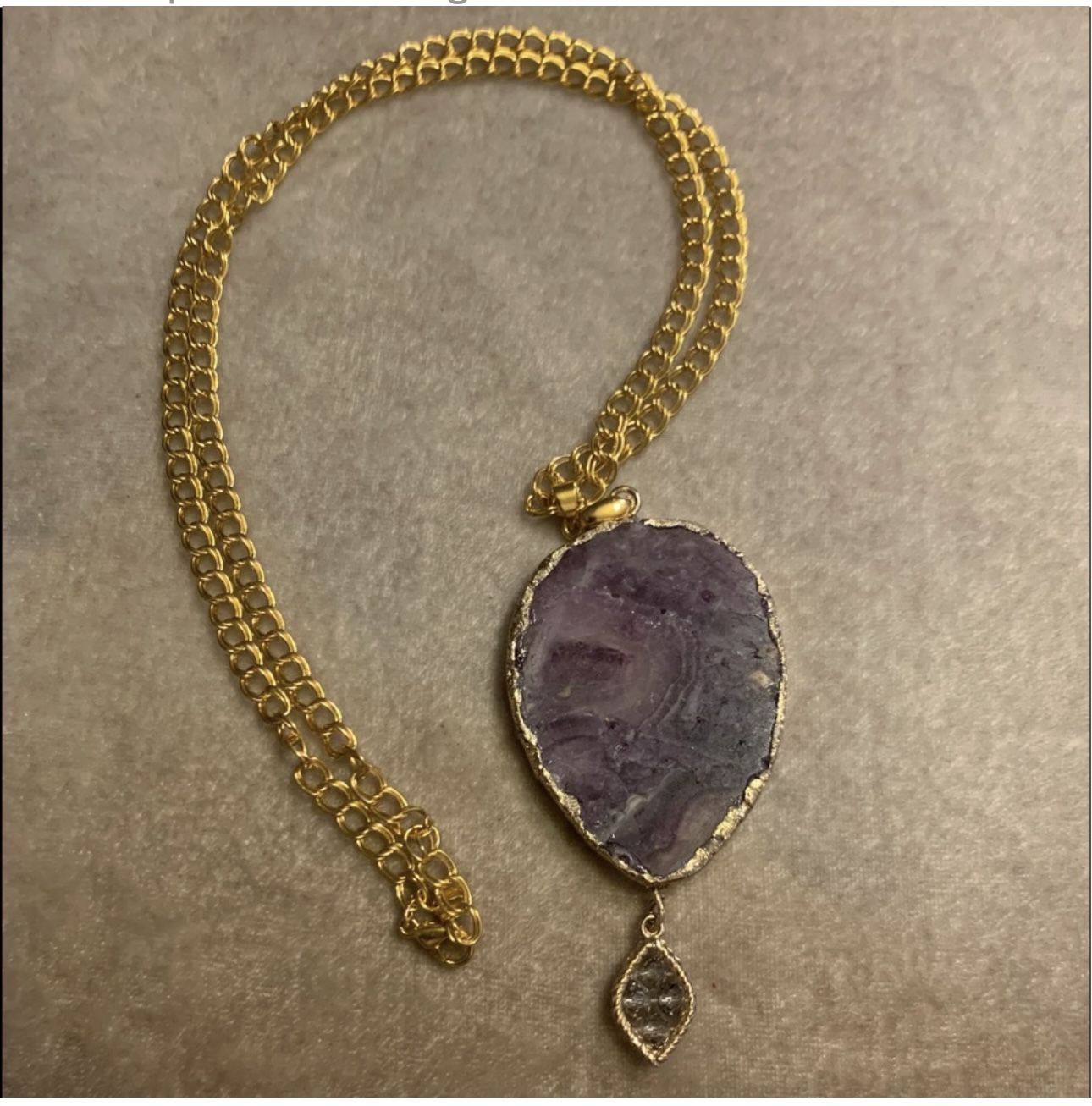 Large, Sliced Amethyst, Stone Pendant With A Gold Plated Chain Necklace